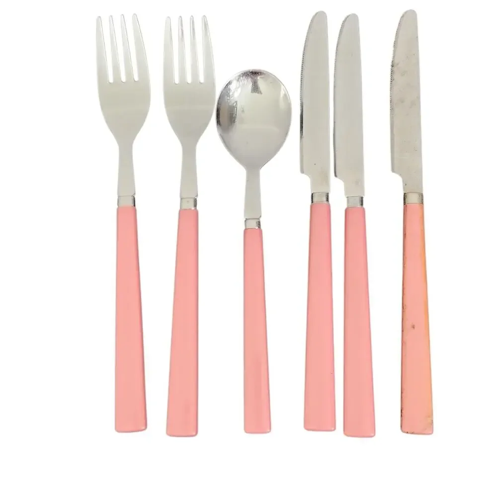 6 Pc Flatware Vtg MCM Stainless Steel Pink Plastic Handle Silverware Thailand